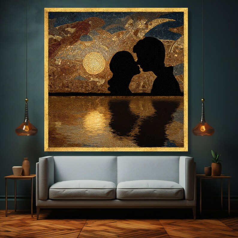 Gustav Klimt Mosaic Couple Silhouette Canvas, Romantic Sunset Wall Art ...