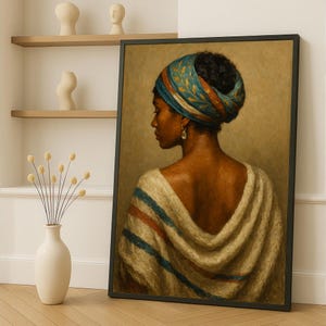 African Woman Canvas Painting – Elegant Afrocentric Portrait Wall Art, Realistic Style, Ready to Hang, Cultural Gift for Her or Home