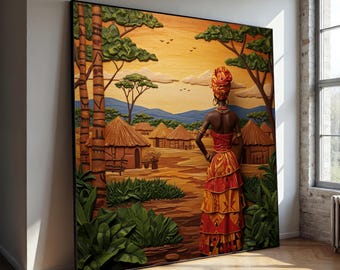 African Village Canvas Wall Art: Traditional Woman Giclée Print for Cultural Home Decor