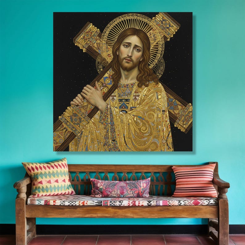 Gustav Klimt Jesus Carrying Cross Canvas, Spiritual Sacred Art Print, Religious Home Decor, Gold Pattern Wall Art, Christian Canvas image 5