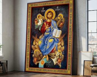 Icona cristiana bizantina su tela, Gesù Cristo Pantocratore, arte sacra religiosa, iconografia ortodossa su tela, casa spirituale