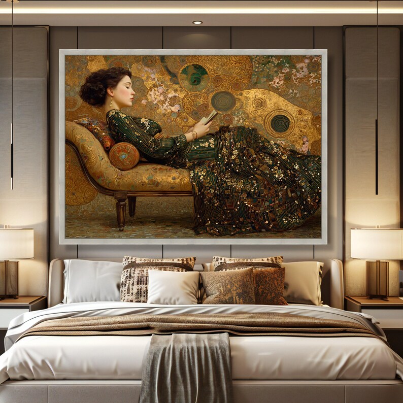 Gustav Klimt Woman Reading Canvas, Elegant Art Nouveau Wall Art, Gold ...