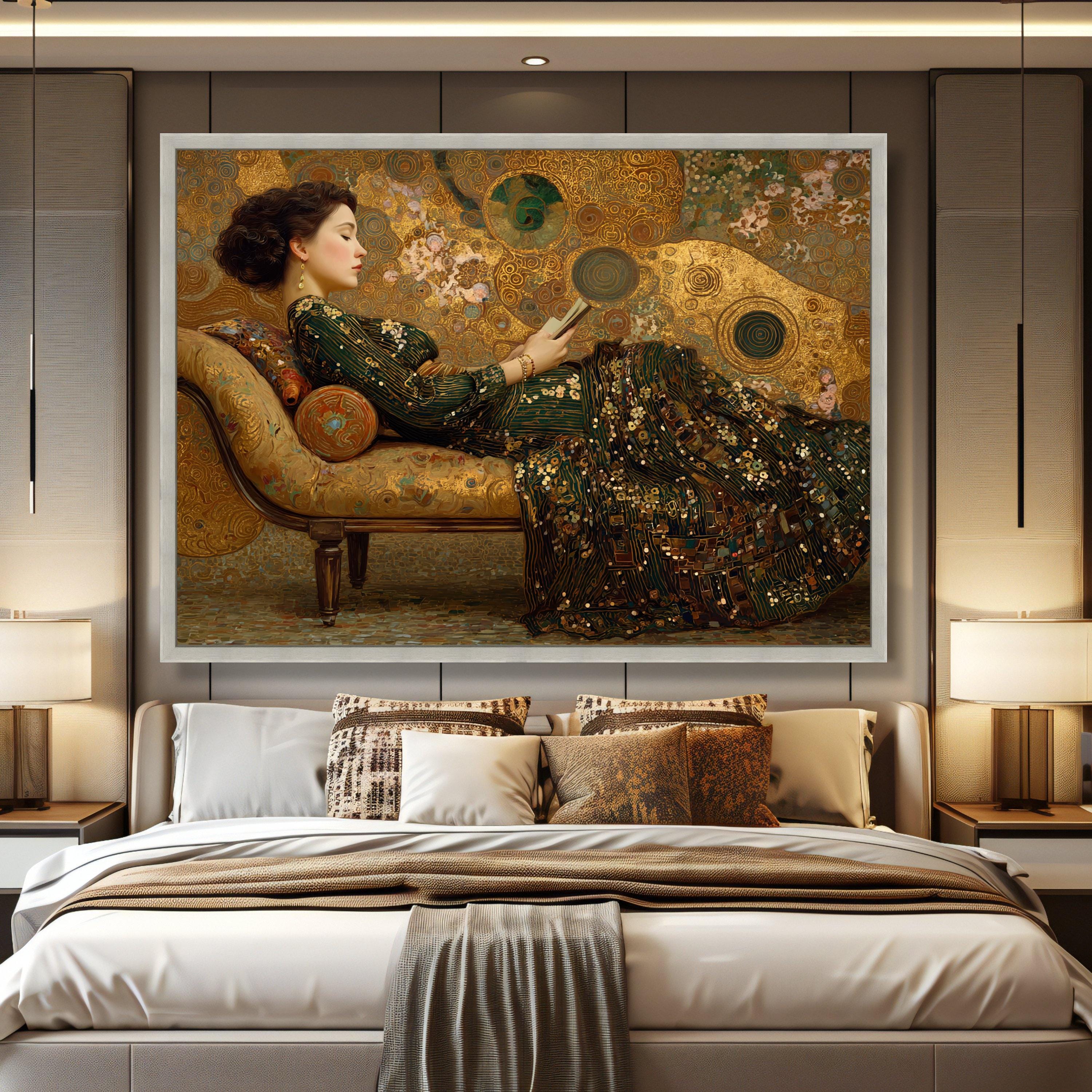 Gustav Klimt Woman Reading Canvas, Elegant Art Nouveau Wall Art, Gold ...