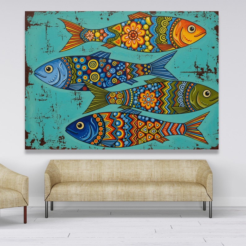 Colorful Tribal Fish Canvas, Boho Wall Art, Vibrant Patterned Fish ...