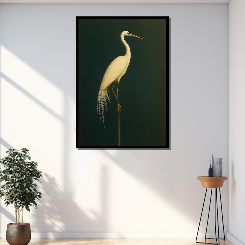 Minimalist White Egret on Deep Green – Elegant Nature Bird Canvas Wall ...