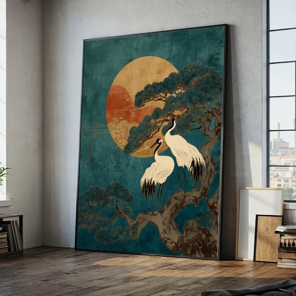Lienzo de grullas elegantes sobre pino, arte mural de estilo japonés, escena de naturaleza asiática tradicional, lienzo de paisaje al atardecer, decoración del hogar.