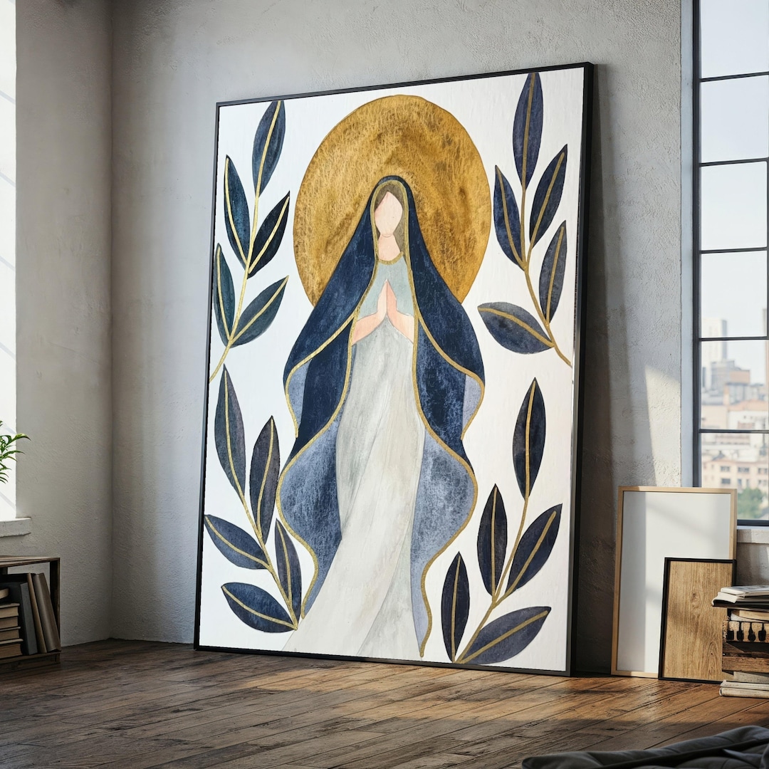 Virgin Mary Canvas Wall Art, Praying Madonna Religious Canvas, Blue and ...