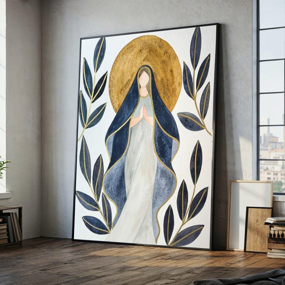 Virgin Mary Canvas Wall Art, Praying Madonna Religious Canvas, Blue and Gold Spiritual Home Decor, Modern Catholic Wall Art, Canvas