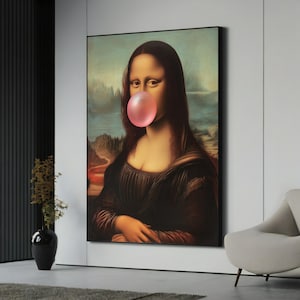 Modern Mona Lisa with Bubblegum - Fun and Quirky Canvas Painting Gift for Art Lovers and Pop Culture Enthusiasts