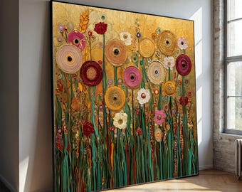 Gustav Klimt Abstract Flowers Canvas, Modern Floral Wall Art, Colorful Garden Design, Elegant Home Decoration, Ready to Hang Canvas