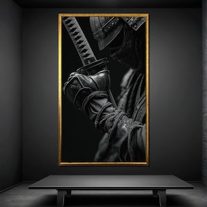 Black Samurai Warrior Canvas Painting – Katana Sword in Hand, Monochrome Japanese Art – Ready to Hang Gift for Martial Arts or Anime Fans