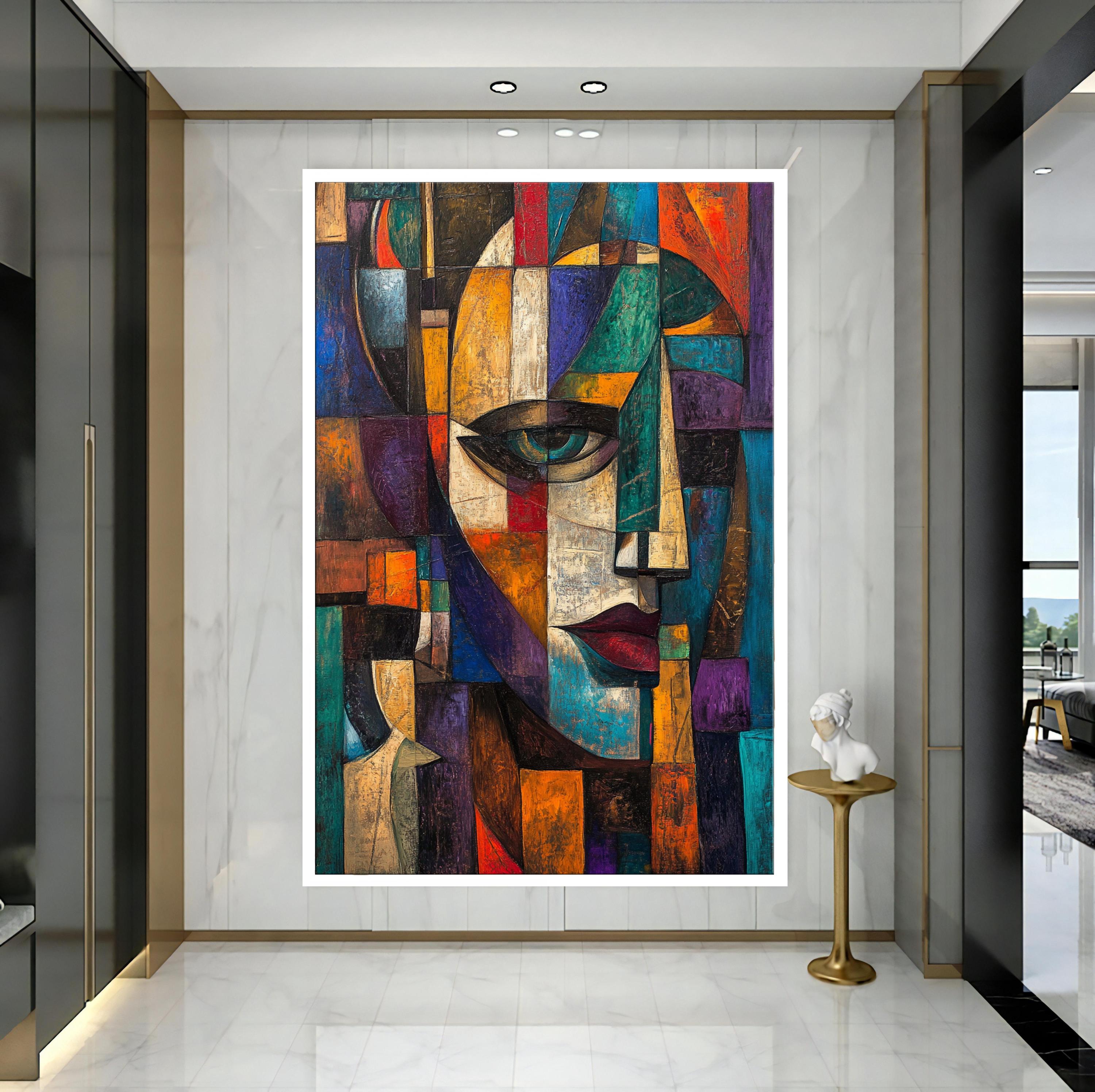 Abstract Cubist Face Canvas Painting – Bold Fragmented Portrait Art ...