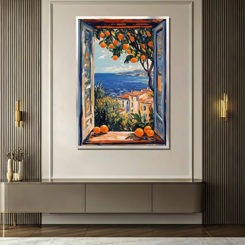 Mediterranean View Canvas Painting – Vibrant Coastal Window Art for ...