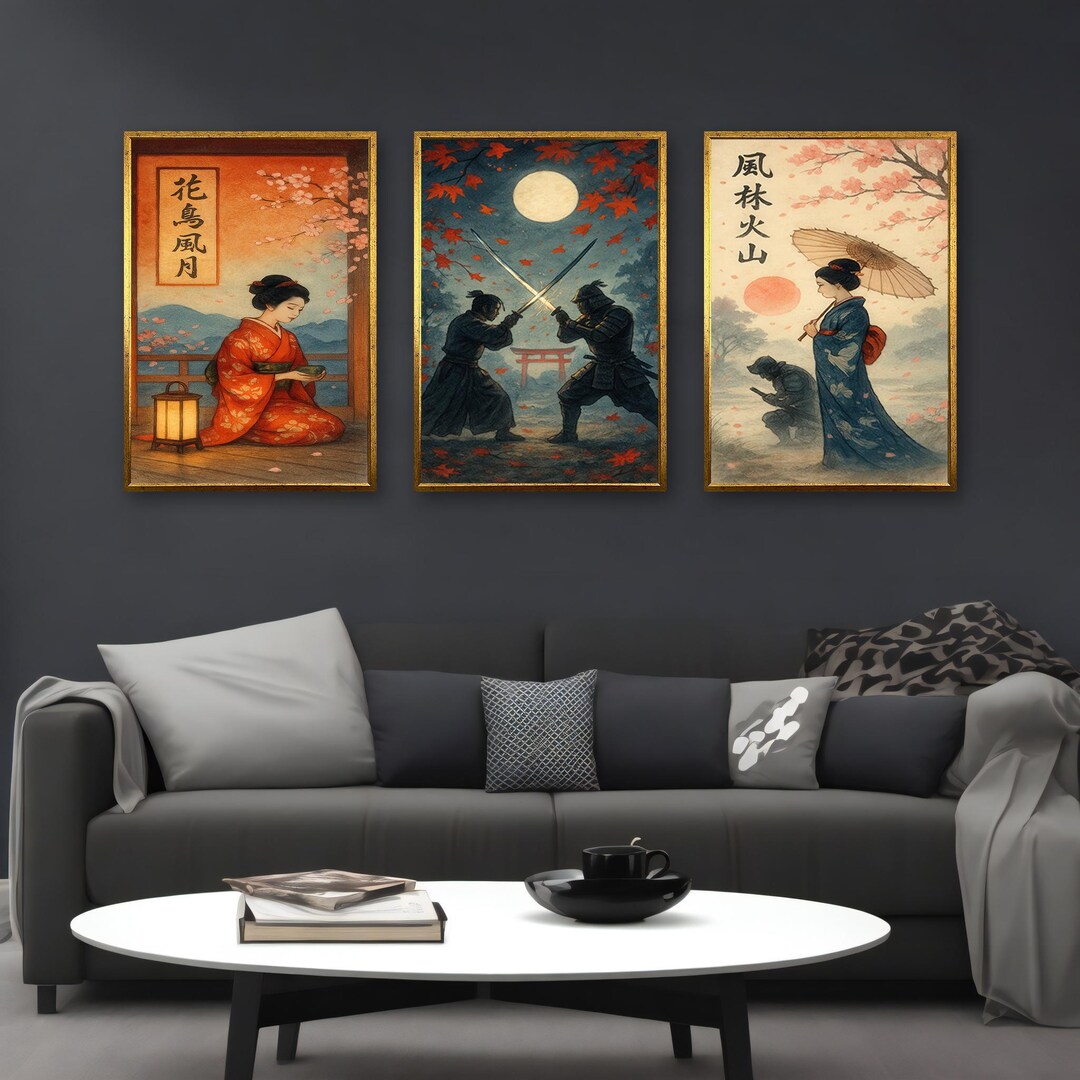 Samurai & Geisha Canvas Painting Set – Japanese Wall Art Triptych ...