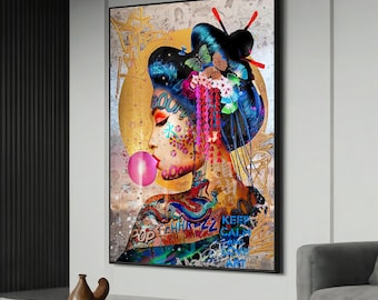 Vibrant Geisha Pop Art with Graffiti – Bold Street Art Canvas Painting and Unique Gift for Contemporary Art Enthusiasts