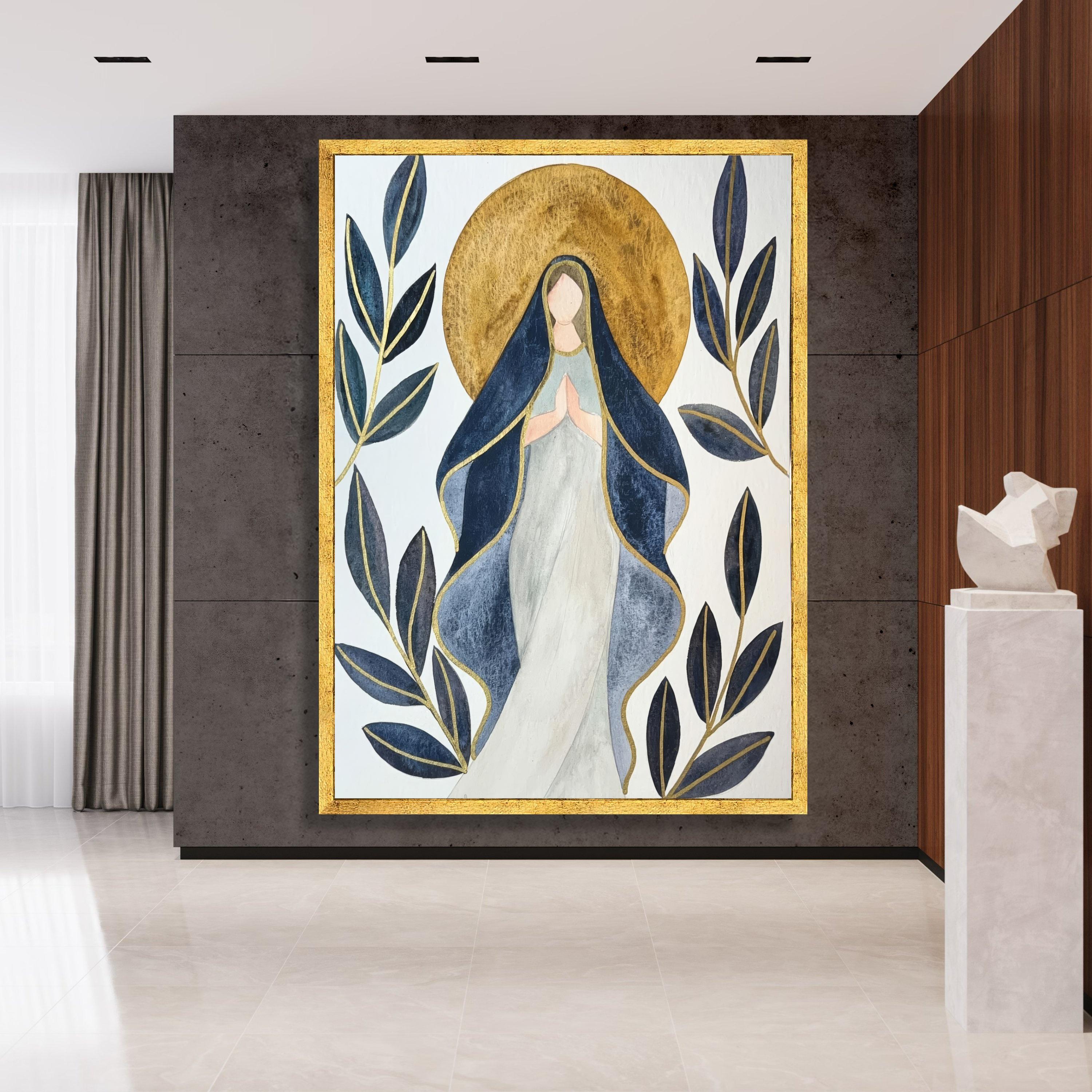 Virgin Mary Canvas Wall Art, Praying Madonna Religious Canvas, Blue and ...