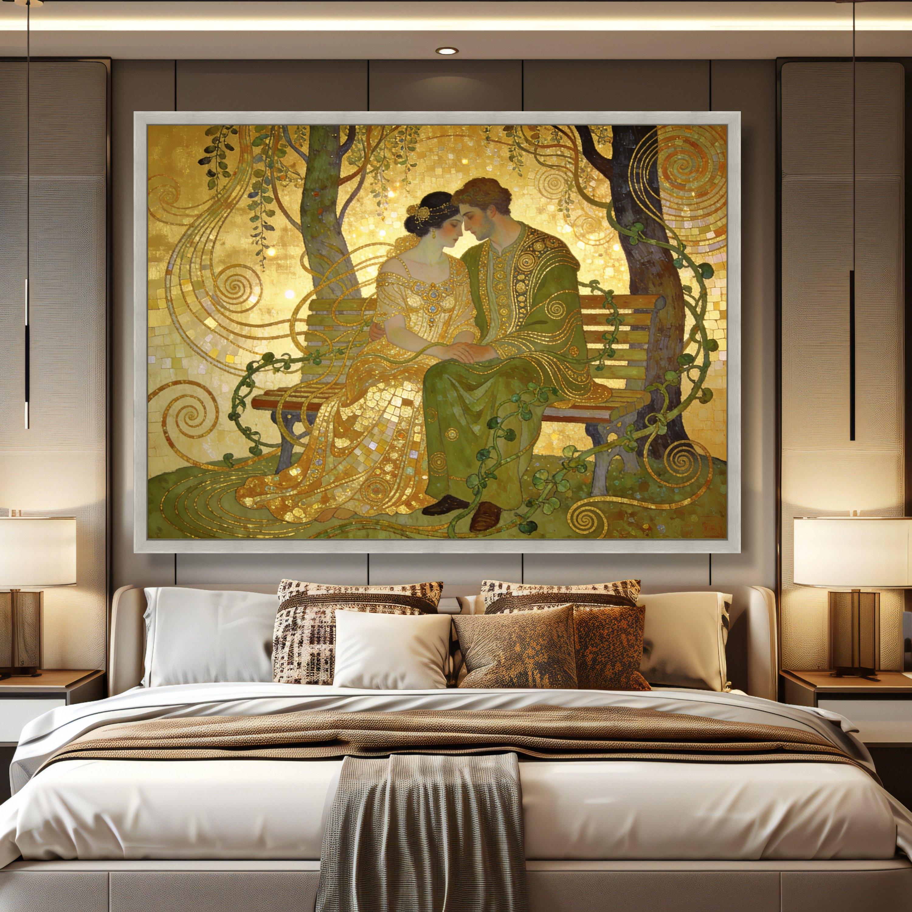 Gustav Klimt Romantic Couple on Bench Canvas, Golden Art Nouveau Wall ...
