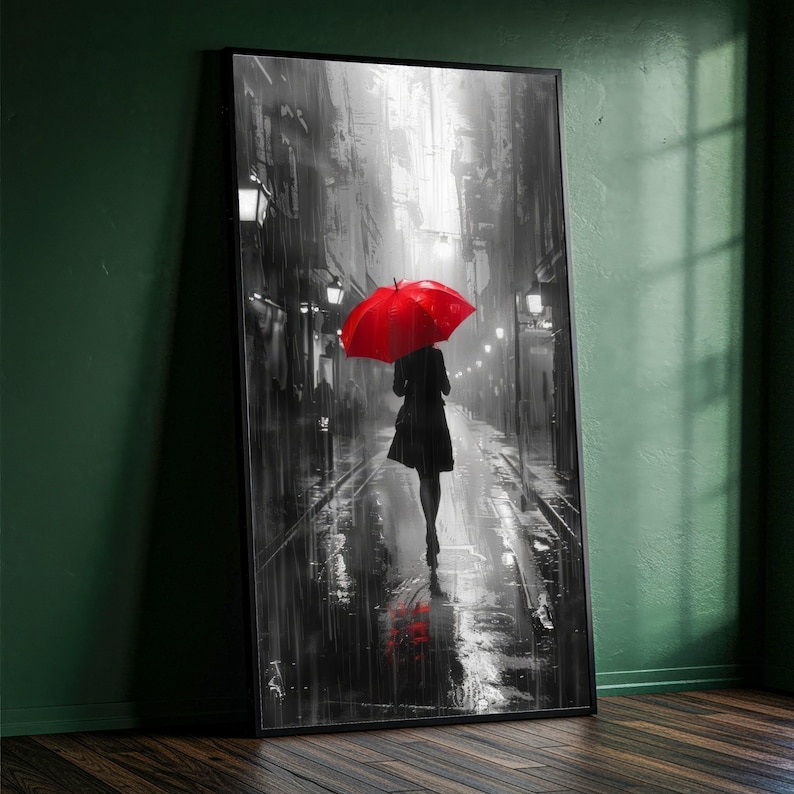 Red Umbrella Woman Walking in Rain, Black and White City Street Canvas ...