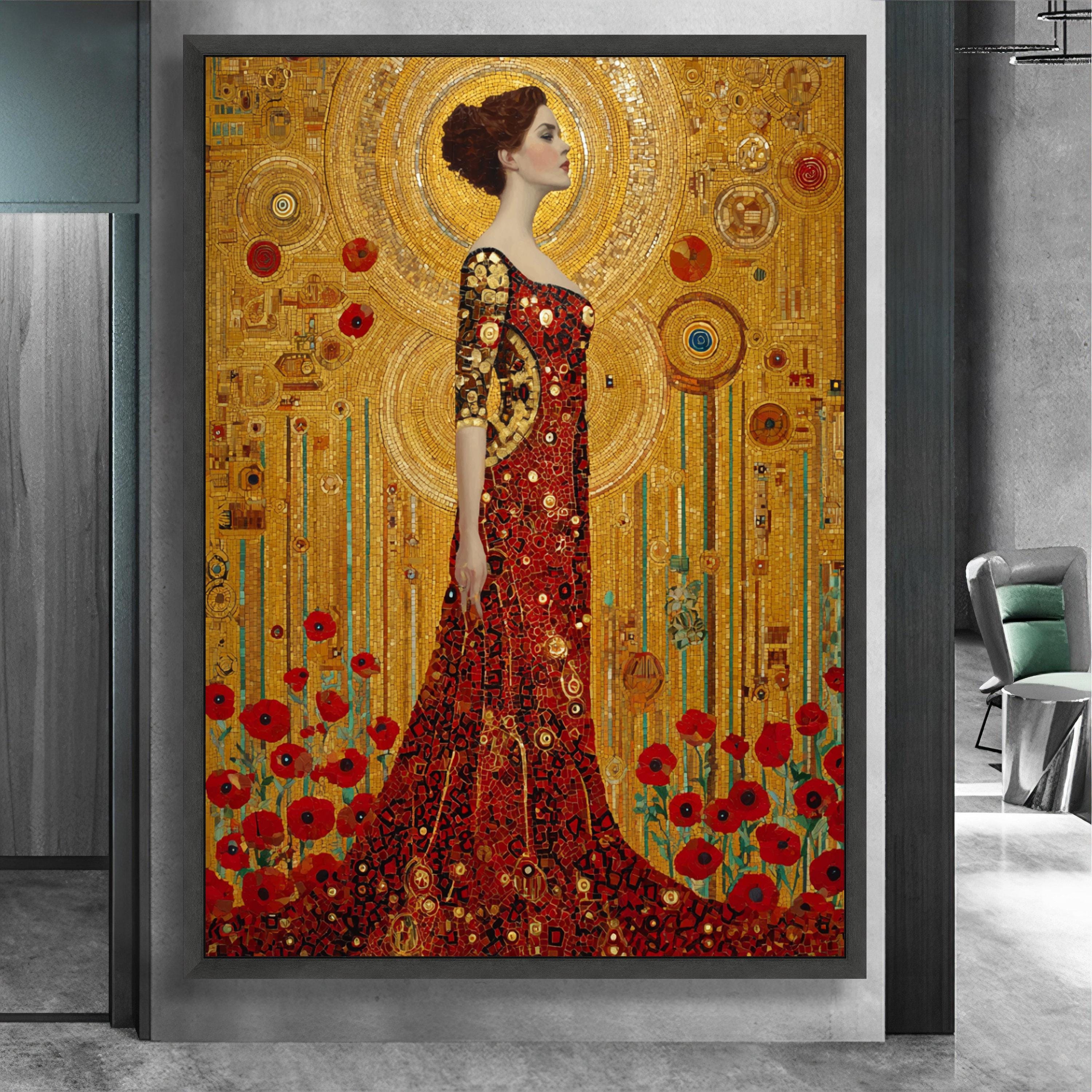 Gustav Klimt Woman in Red Dress Canvas Wall Art, Golden Mosaic Floral ...