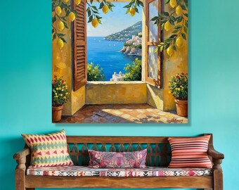 Mediterranean Seaside View, Lemon Tree Canvas, Open Window Wall