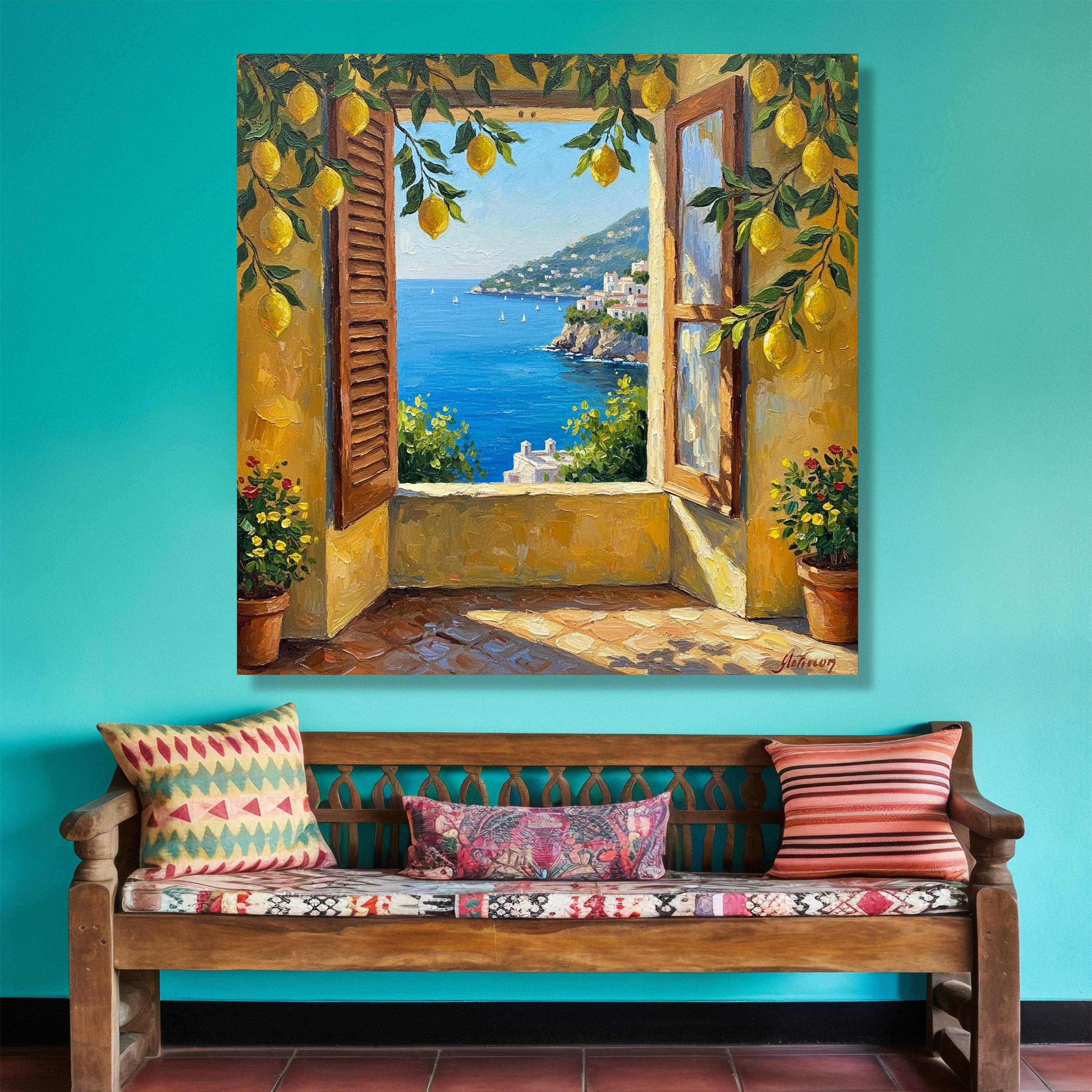 Mediterranean Seaside View, Lemon Tree Canvas, Open Window Wall