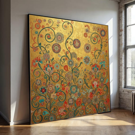 Gustav Klimt Floral Canvas, Gold Leaf Wall Art, Decorative Botanical Print, Vintage Style Home Decor, Elegant Canvas Wall Art