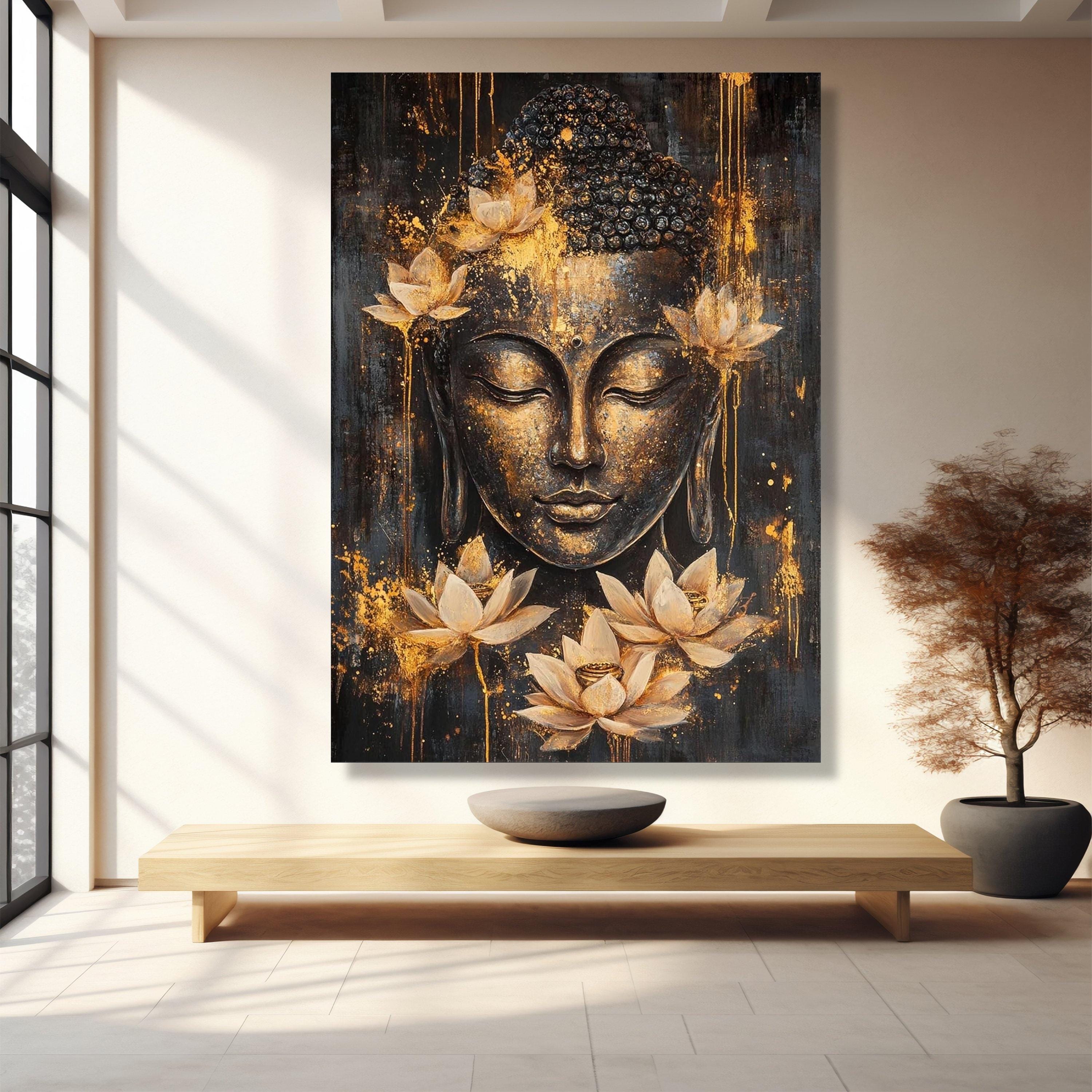 Serene Buddha Face Canvas Wall Art, Golden Lotus Flowers, Spiritual ...