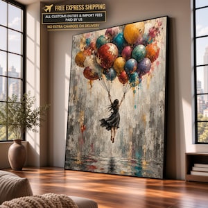 May include: A large rectangular wall art print featuring an impressionistic painting of a figure in a dark dress floating upward while holding a cluster of colorful balloons against a textured, neutral-toned background with visible brushstrokes.