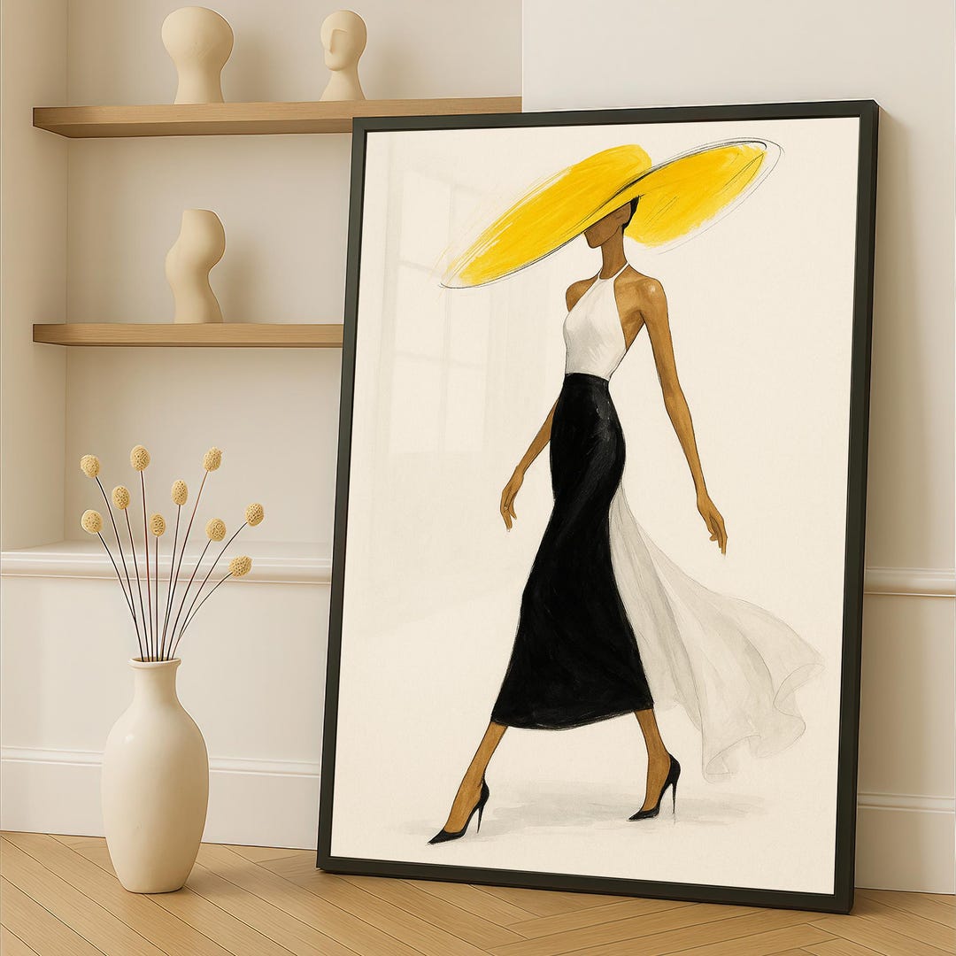 Chic Woman in Yellow Hat Canvas Painting – Minimalist Fashion Wall Art ...