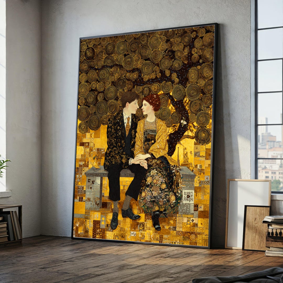 Gustav Klimt Golden Lovers Canvas Wall Art, Romantic Couple Sitting ...