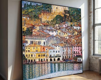 Gustav Klimt Malcesine op canvas aan het Gardameer, 1913 Italiaans dorp muurkunst, kustlandschapsschilderkunst, klassiek Europees kunstdecor