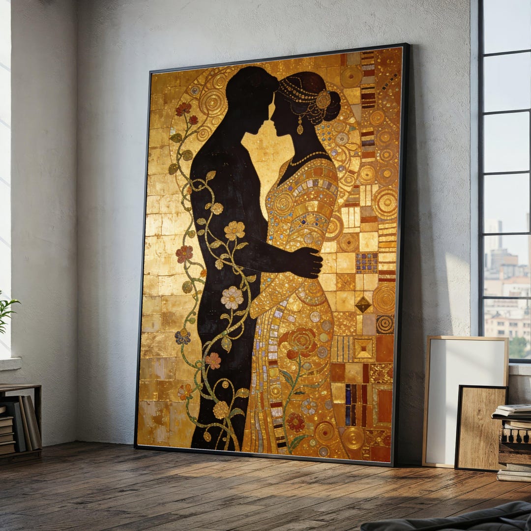 Gustav Klimt the Kiss Canvas Wall Art, Romantic Embrace Gold Leaf Style ...