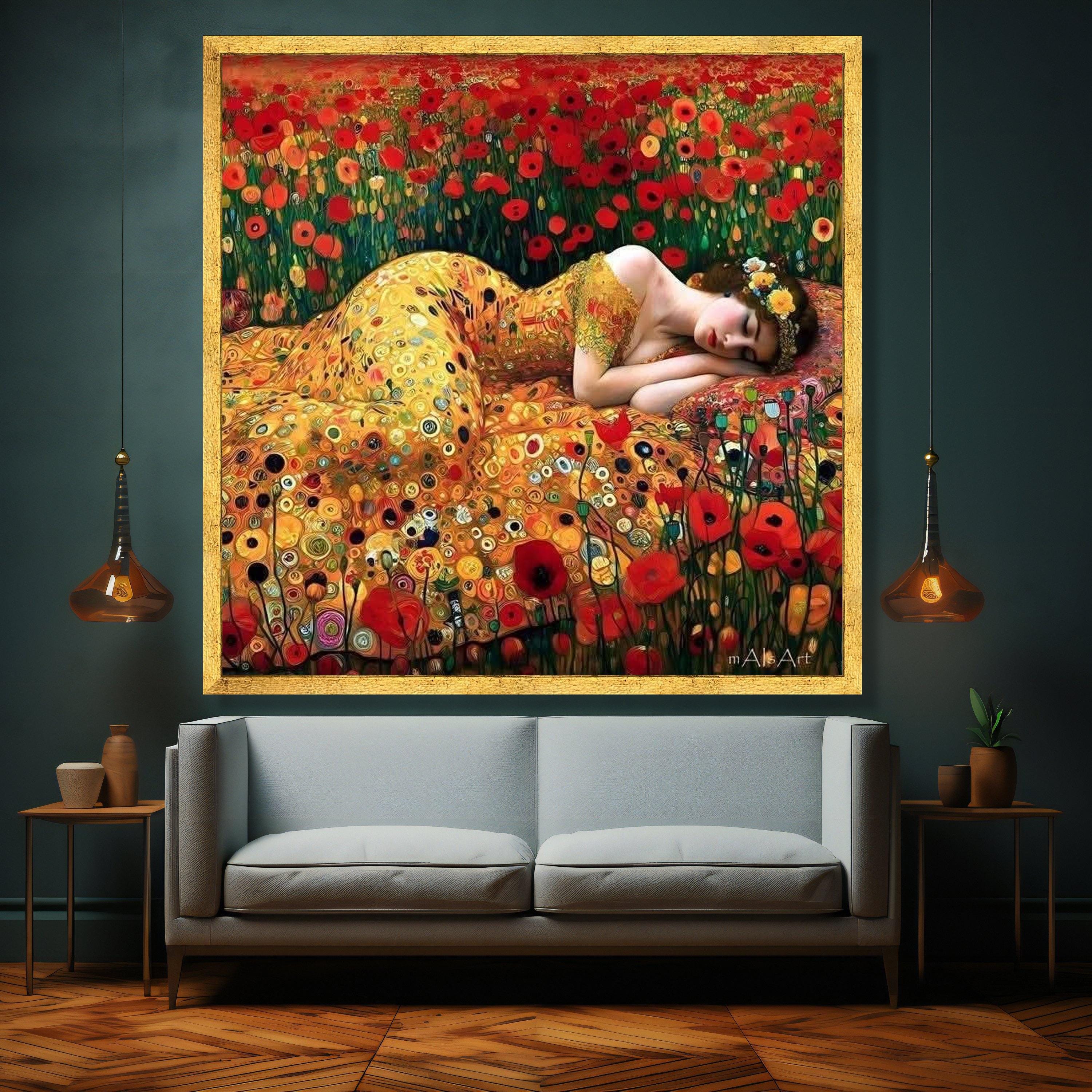 Gustav Klimt Sleeping Woman Canvas, Floral Poppy Field Wall Art ...