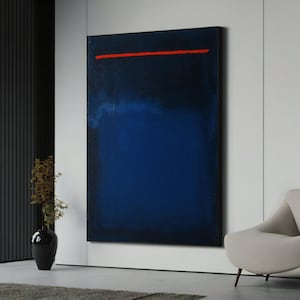 Mark Rothko Blue Canvas Painting with Red Line, Large Abstract Color Field Wall Art, Modern Statement Artwork, Artistic Gift for Collectors
