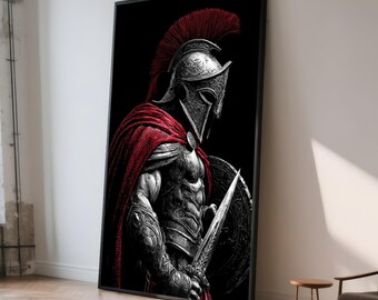 May include: Framed artwork depicting a Spartan warrior in detailed illustration. The warrior wears ornate armour, a helmet with a red plume, and a red cape. He holds a sword and shield against a black backdrop.