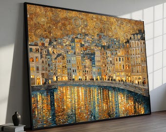 Gustav Klimt Cityscape Canvas, Golden Night Sky Wall Art, Reflective Water Urban Scene, Modern Decorative Canvas, Home Interior Art