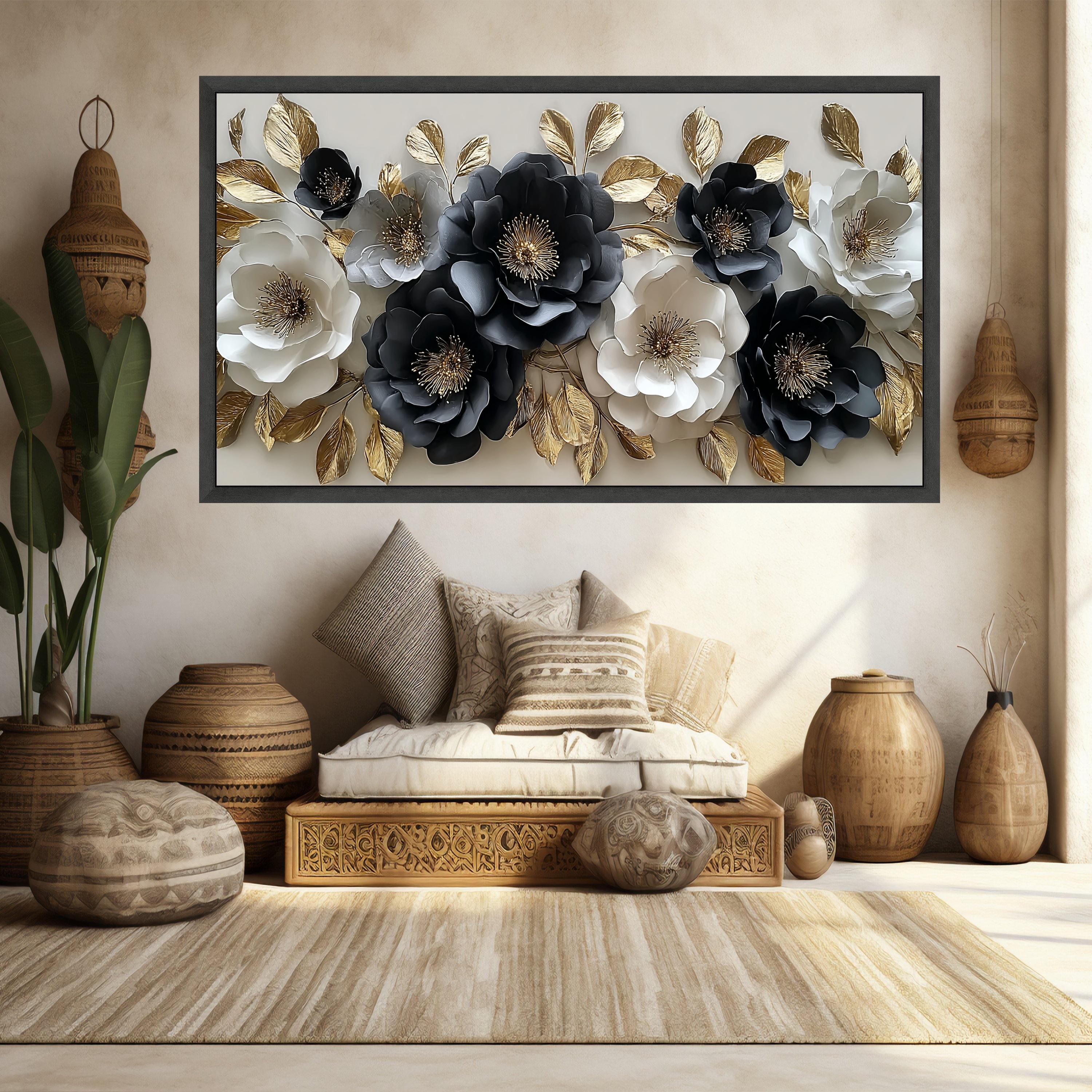 Elegant Black and White Floral Canvas Wall Art, Gold Leaf Accent ...