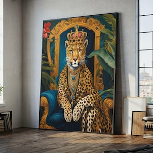 May include: A framed artwork shows a leopard wearing a crown and jewels, seated on a blue throne. The leopard's spotted coat contrasts with the gold accents of the throne and frame. Lush green foliage and a red flower add vibrant colour.