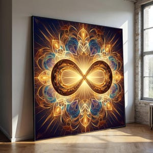Peut inclure: Grande œuvre d'art encadrée avec un symbole d'infini lumineux au centre, rayonnant de lumière. L'œuvre a un fond bleu foncé avec des motifs complexes dorés, orange et turquoise. La pièce est appuyée contre un mur blanc dans une pièce avec une fenêtre.