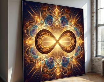 Gouden oneindige mandala canvas kunst aan de muur, ontwerp spirituele geometrie, verlicht decoratief canvas, decor heilig symbool, klaar om op te hangen