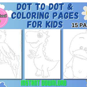 Peut inclure: Un ensemble de 15 pages à colorier point à point imprimables pour enfants avec un perroquet, un dinosaure et un canard. Les pages sont intitulées "Pré-scolaire" et "POINT À POINT & PAGES À COLORIER POUR ENFANTS 15 PAGES".