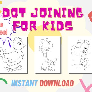 Op de afbeelding: Drie zwart-witte, printbare stippen-naar-stippen-werkbladen voor kinderen. De werkbladen bevatten een kip, een giraffe en een eend met een vis. De tekst "DOT JOINING FOR KIDS" staat bovenaan de afbeelding. De tekst "Pre School" staat in een spraakballon linksboven in de afbeelding. De tekst "INSTANT DOWNLOAD" staat onderaan de afbeelding.