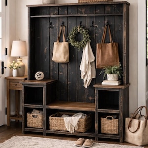 Handmade Rustic Farmhouse Hall Tree Bench with Shoe Storage Hooks Organizerr