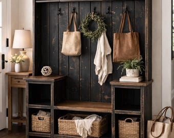 Handmade Rustic Farmhouse Hall Tree Bench with Shoe Storage Hooks Organizerr