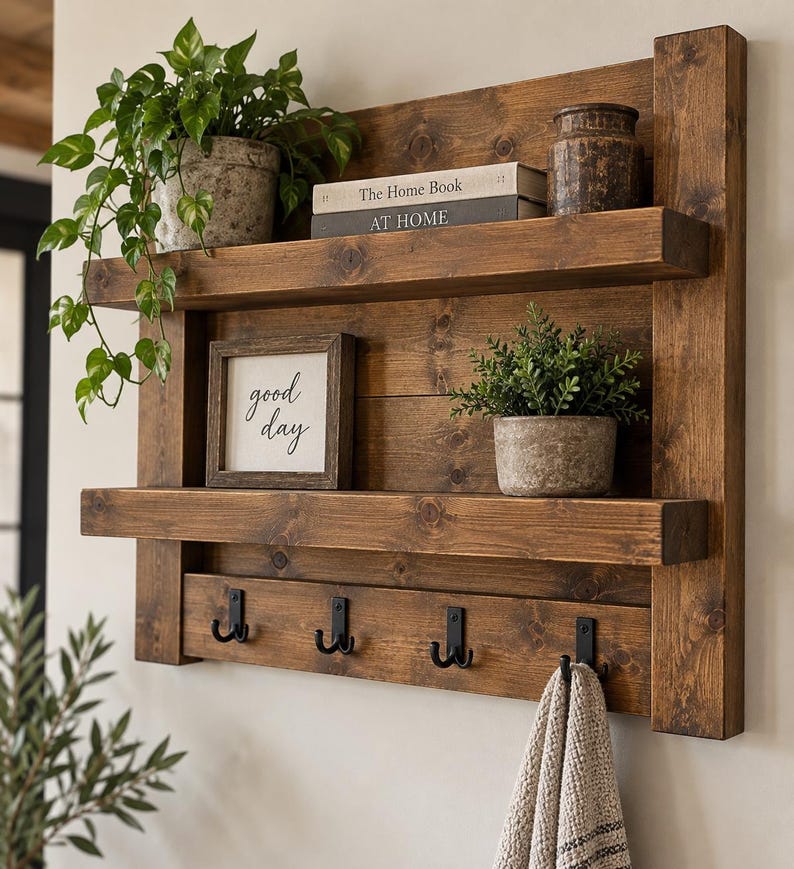 May include: A wall-mounted wooden shelf unit with two horizontal shelves and four black metal double hooks. The unit features a dark brown wood grain finish. Items displayed include two potted green plants, two books, and a framed sign reading good day.