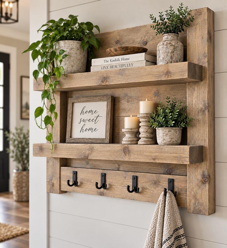 May include: A wall-mounted wooden shelf unit with two horizontal shelves and four black metal hooks. The unit features a framed sign reading home sweet home, two pillar candles, two potted plants, a wooden bowl, and two stacked books.