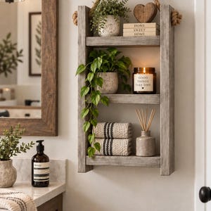 May include: A three-tiered wall-mounted wooden shelf with a rope hanger. The shelves hold a potted plant, a wooden heart, a stack of books labeled HOME SWEET HOME, a trailing plant, a candle labeled GOOD THINGS TAKE TIME, towels, and a diffuser.