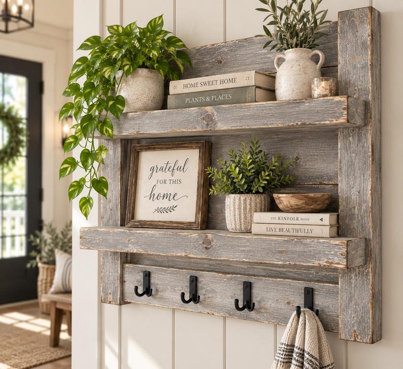May include: A wall-mounted rustic gray wooden shelf unit featuring two horizontal shelves and four black metal double hooks. The shelves hold potted green plants, a framed sign reading grateful for this home, and books titled Home Sweet Home, Plants & Places, The Kinfolk Home, and Live Beautifully.