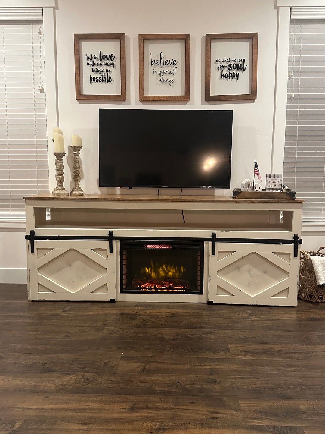 Barn Door TV Stand With Electric Fireplace, Console, Entertainment ...