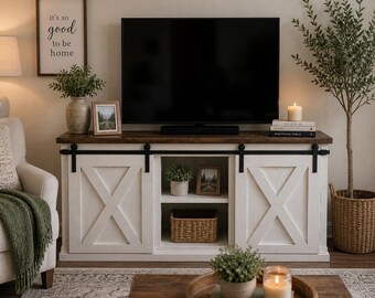 Custom TV Stand Farmhouse Style | Sliding Barn Door Entertainment Center | Solid Wood Rustic Media Console